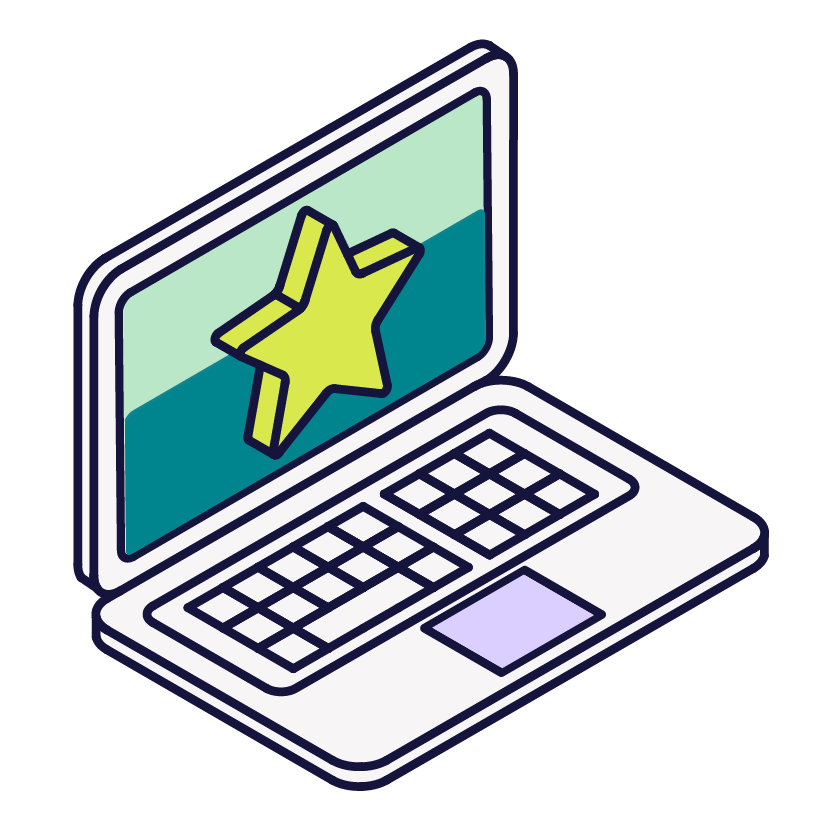 Outline drawing of a laptop facing to the right with a lime green star coming out from the centre of the screen.