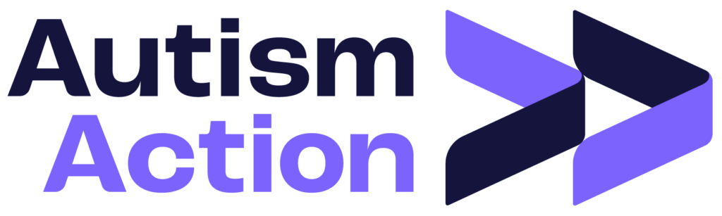Autism Action Logo. The words 'autism' and 'action' in indigo and purple alongside two right pointing arrows in the same colours