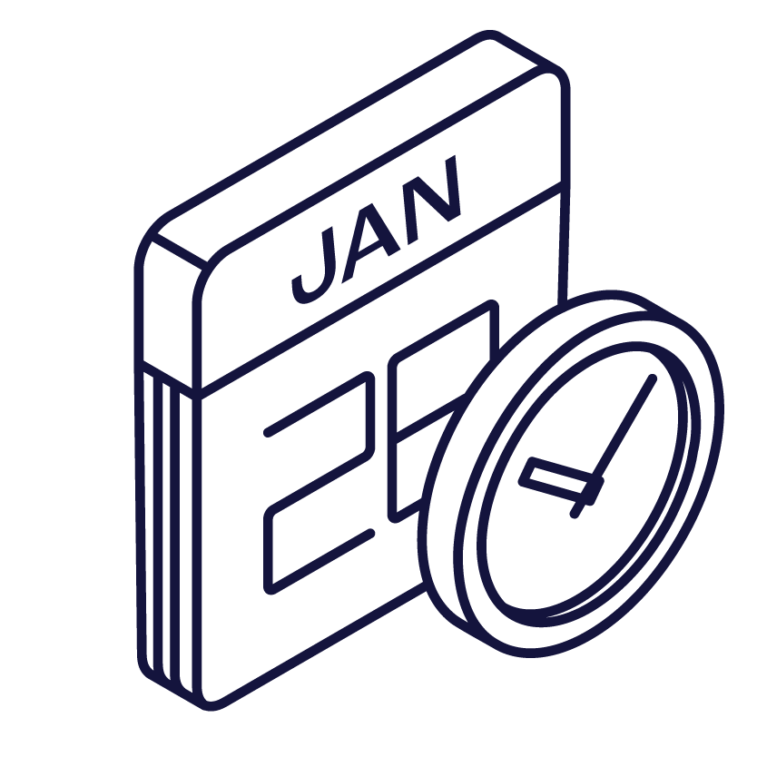 Coming Soon Icon. Outline drawing of a calendar showing a date in January with an analogue clock in front of it.