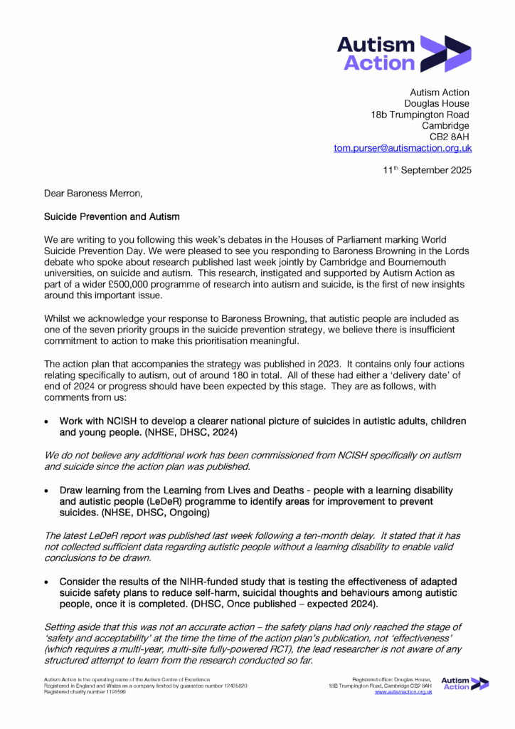 Page 1 of a letter to Baroness Merron. For full text email info@autismaction.org.uk