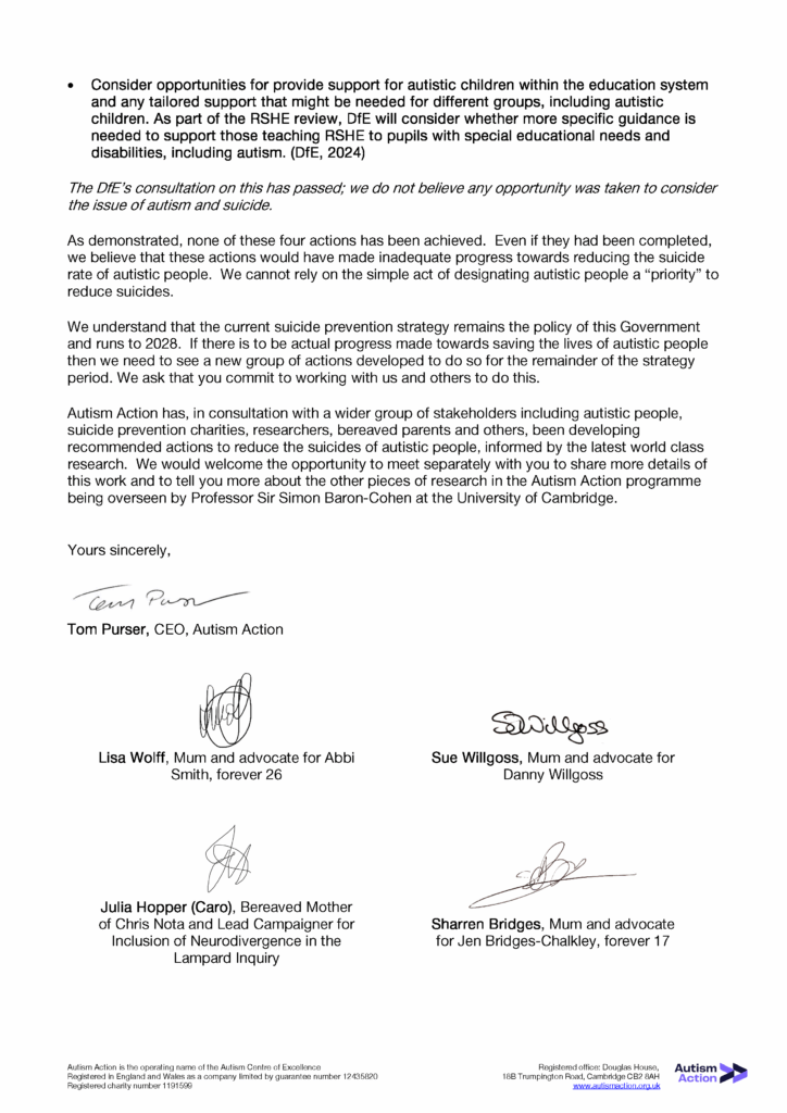 Page 2 of a letter to Baroness Merron. For full text email info@autismaction.org.uk