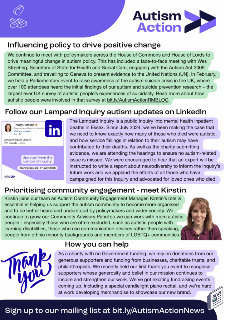 Page 2 of Autism Action Summer 2025 newsletter. To receive a text version please email info@autismaction.org.uk