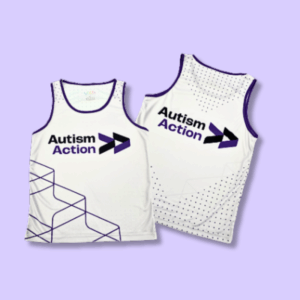 Back and front of the white Autism Action Running Vest, with purple neck and arm trims complete with Autism Action logo and icons. The picture is on a lilac background.