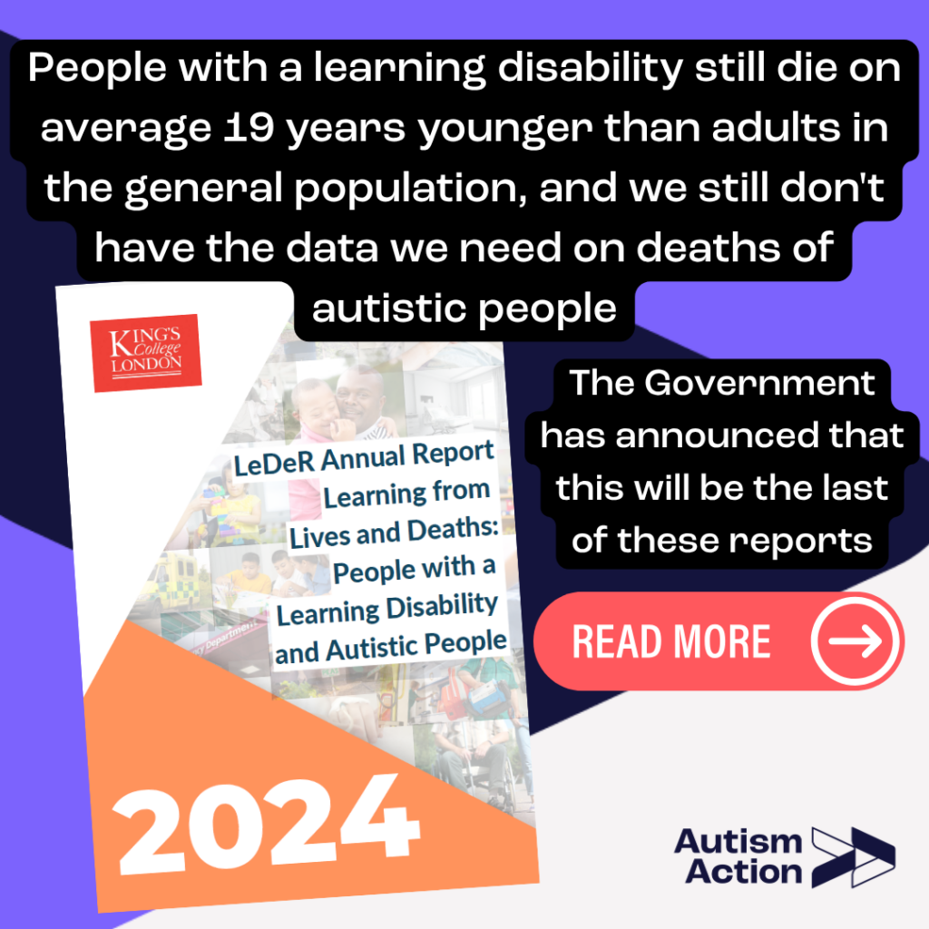 An Autism Action social media graphic on a purple background. The main heading reads: "People with a learning disability still die on average 19 years younger than adults in the general population, and we still don't have the data we need on deaths of autistic people." Below is the cover of the King's College London LeDeR Annual Report 2024, titled "Learning from Lives and Deaths: People with a Learning Disability and Autistic People." A second text box reads: "The Government has announced that this will be the last of these reports." A "Read more" button sits in the bottom right, above the Autism Action logo.